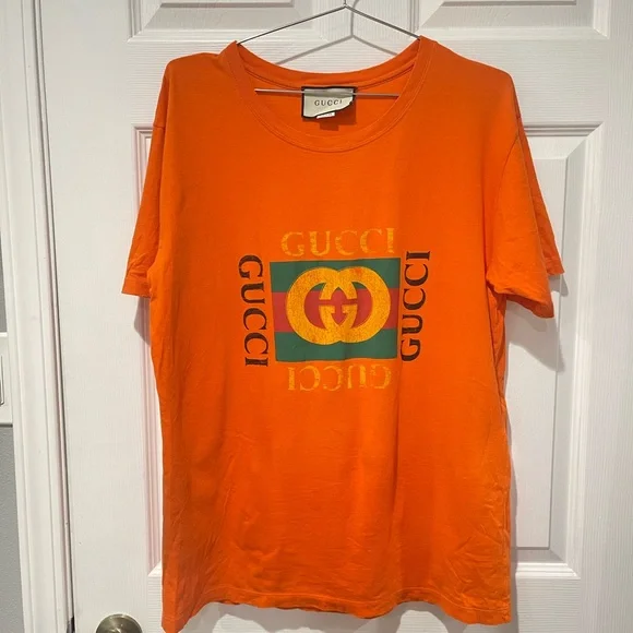 Gucci Bright Orange Classic Logo Graphic Tee - Picture 1 of 5